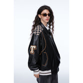 Unisex Jacket Retro Patchwork Plaid Motorcycle Jacket PU Leather Jacket